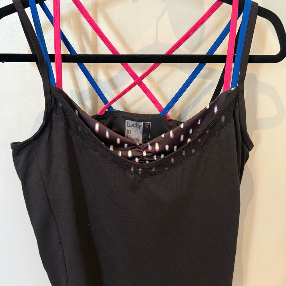 Lucky in Love Black Tank with Pink and Blue Straps